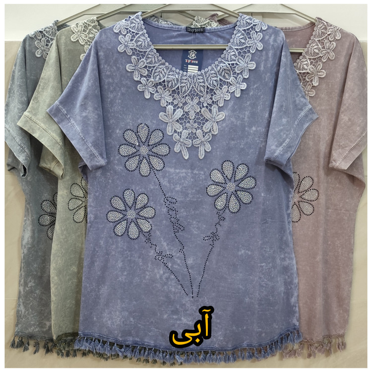 خرید تیشرت زنانه مجلسی سنگشور یقه گرد گیپوردار طرح نگین گل