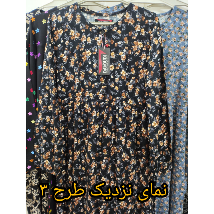 پیراهن ساحلی زنانه نخی آستین بلند یقه گرد جلو دکمه سایز بزرگ رنگ مشکی کرم