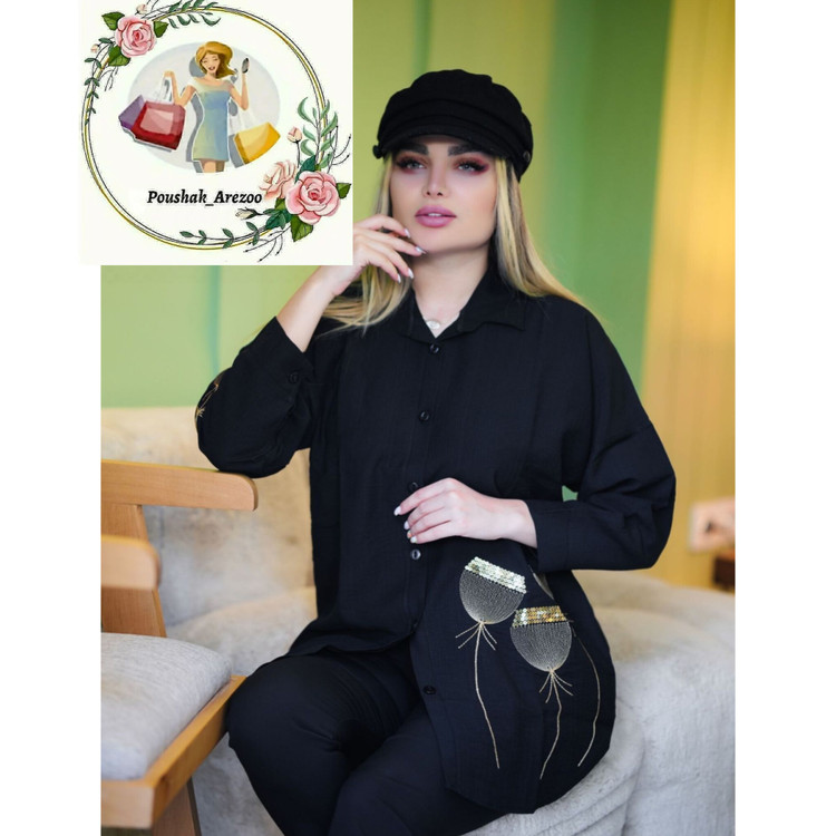 مانتو زنانه یقه دار جلو دکمه آستین بلند مشکی محرمی طرح قاصدک طلایی