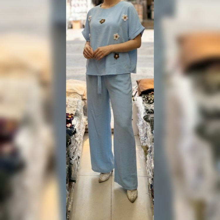 ست تیشرت و شلوار زنانه گل برجسته آستین کیمینو جنس شانتون