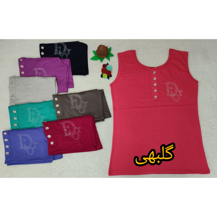 تاپ زنانه آستین حلقه ای یقه گرد جنس نخ پنبه طرح یقه دکمه تابستانی فری سایز بزرگ