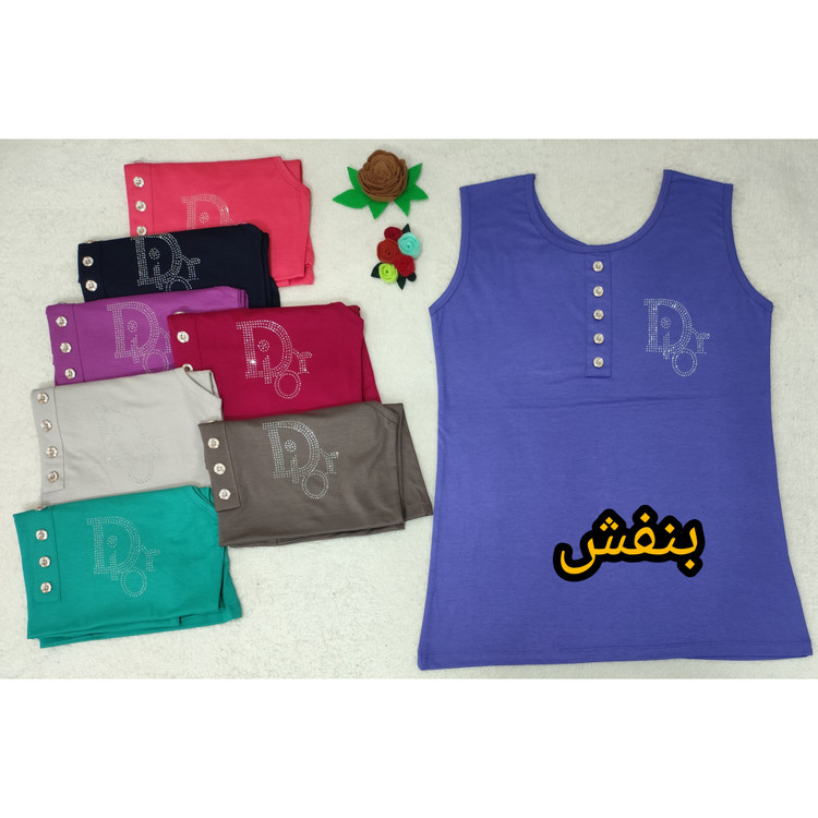 تاپ زنانه آستین حلقه ای یقه گرد جنس نخ پنبه طرح یقه دکمه فری سایز بزرگ رنگ بنفش