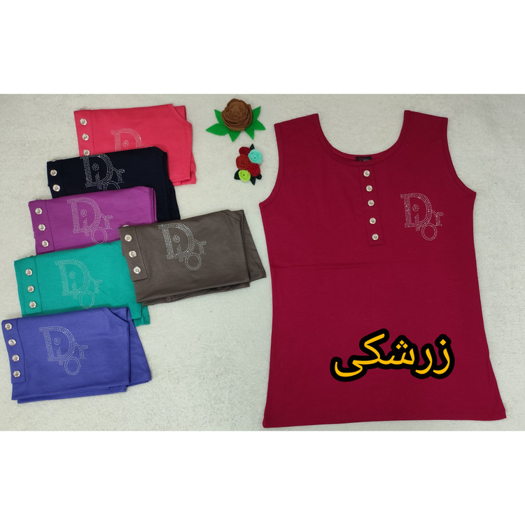 تاپ زنانه آستین حلقه ای یقه گرد جنس نخ پنبه طرح یقه دکمه رنگ زرشکی