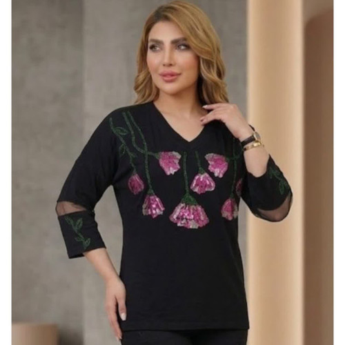 بلوز مشکی آستین سه ربع تور دار زنانه مجلسی جنس لاکرا نخ پنبه طرح گل