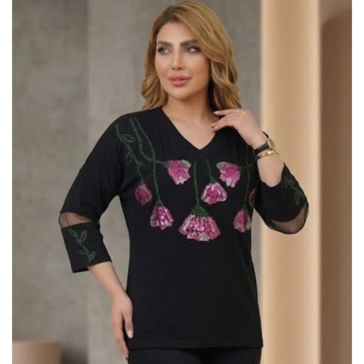 بلوز مشکی آستین سه ربع تور دار زنانه مجلسی جنس لاکرا نخ پنبه طرح گل