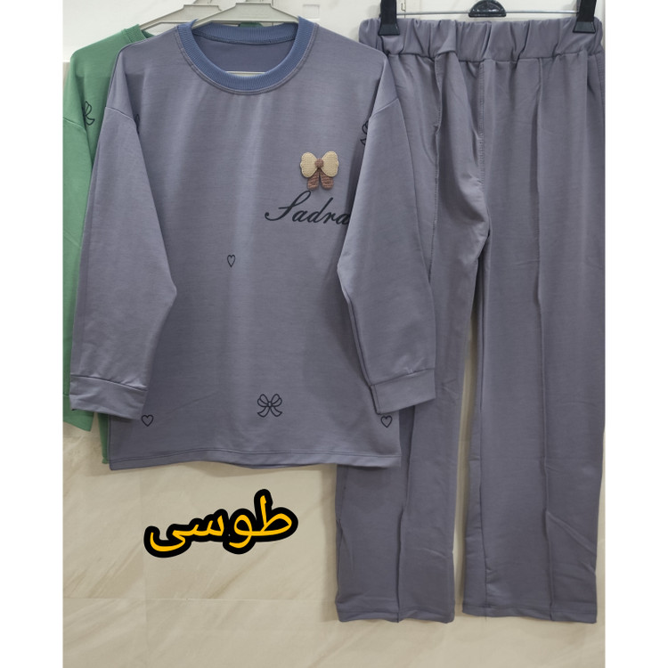 ست بلوز و شلوار زنانه آستین بلند یقه گرد جنس نخ پنبه قواره دار رنگ طوسی