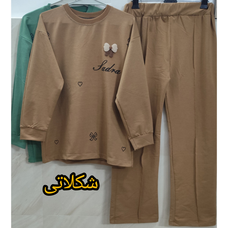 ست بلوز و شلوار زنانه آستین بلند یقه گرد جنس نخ پنبه قواره دار شکلاتی