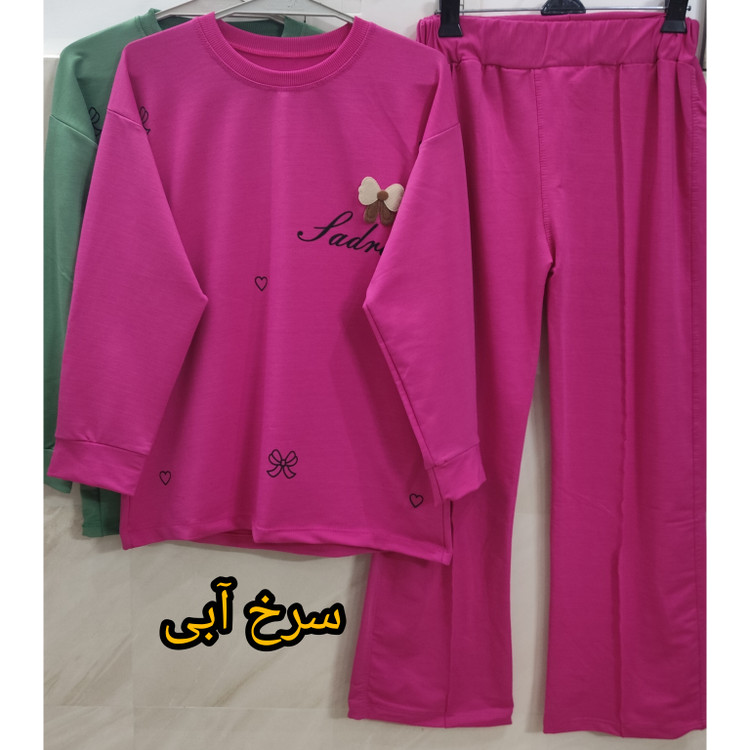 ست بلوز و شلوار زنانه آستین بلند یقه گرد سرخ آبی مدل شلوار بگ