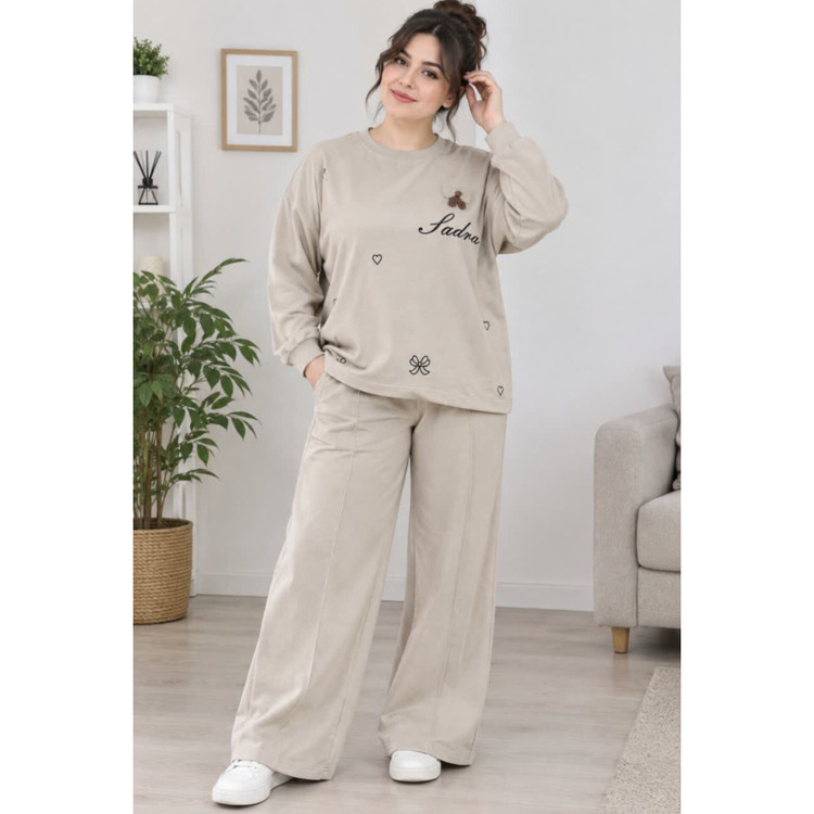 ست بلوز و شلوار زنانه آستین بلند یقه گرد جنس نخ پنبه قواره دار مدل شلوار بگ