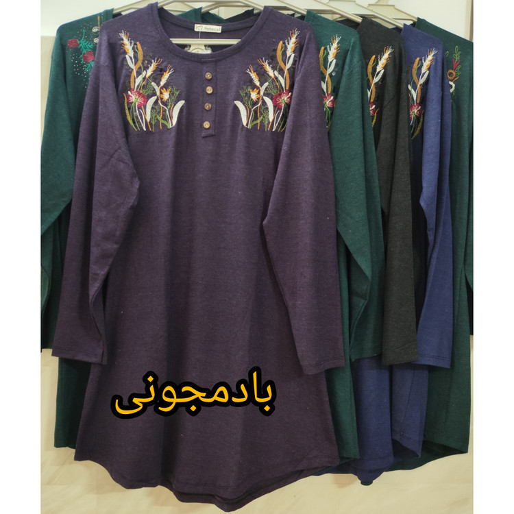تونیک زنانه آستین بلند یقه گرد طرح دار جنس موهر فری سایز بزرگ بادمجونی