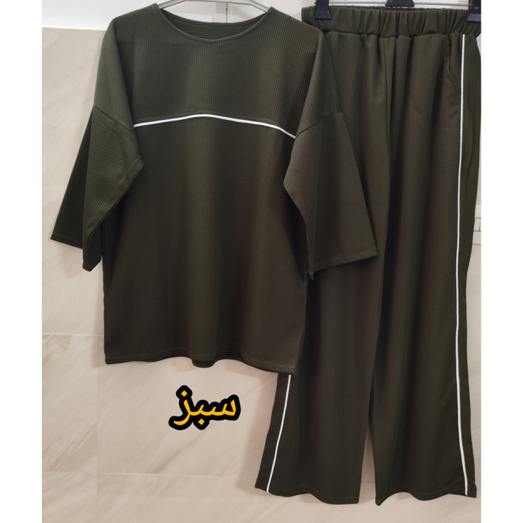ست تونیک و شلوار زنانه کبریتی یقه گرد مدل لش رنگ سبز