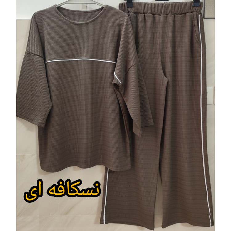 ست تونیک و شلوار زنانه کبریتی یقه گرد مدل لش با شلوار کمرکش مدل بگ نسکافه ای
