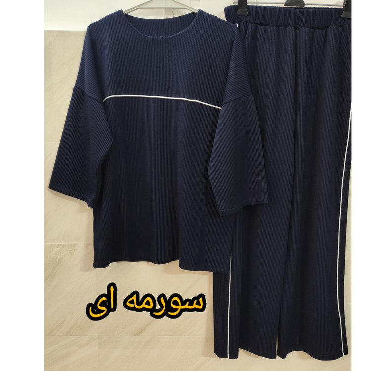 ست تونیک و شلوار زنانه کبریتی یقه گرد مدل لش رنگ سورمه ای فری سایز
