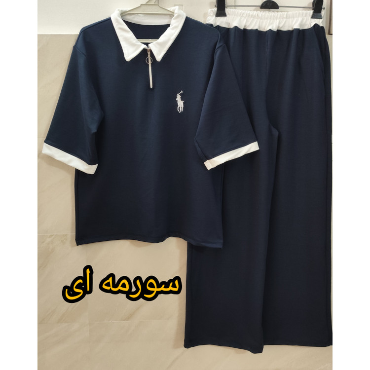 ست پولوشرت و شلوار زنانه جنس نخ پنبه گلکسی رنگ سورمه ای فری سایز