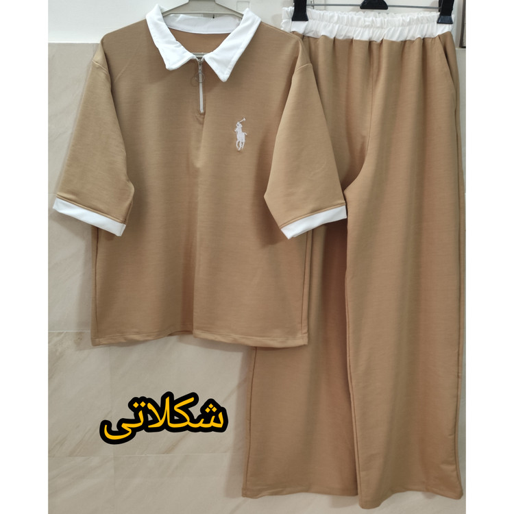 ست پولوشرت و شلوار زنانه جنس نخ پنبه گلکسی فری سایز شکلاتی